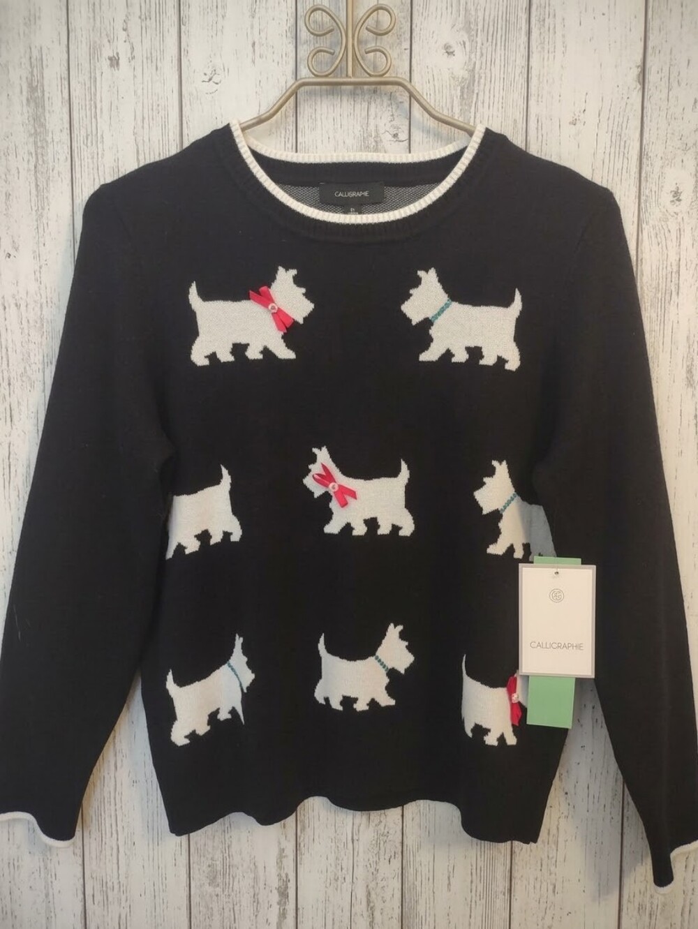 Calligraphie Petite Large Black Scottie Dog Knit Sweater Pearl Ribbon Bows